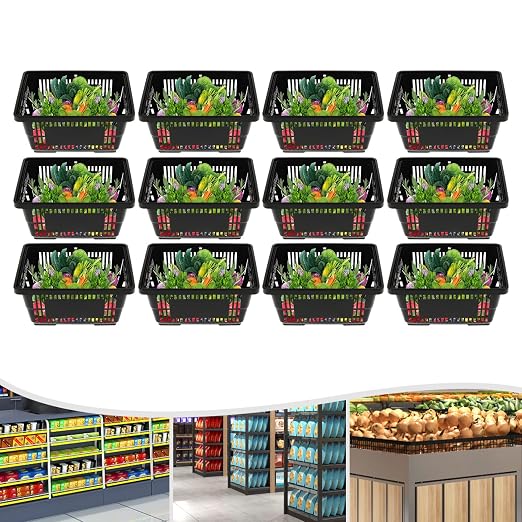 12PCS Shopping Baskets with Handles, 17x12x9inch Plastic Storage Bins Grocery Baskets, 21L Portable Shop Basket Used for Supermarket, Retail, Bookstore (Black)