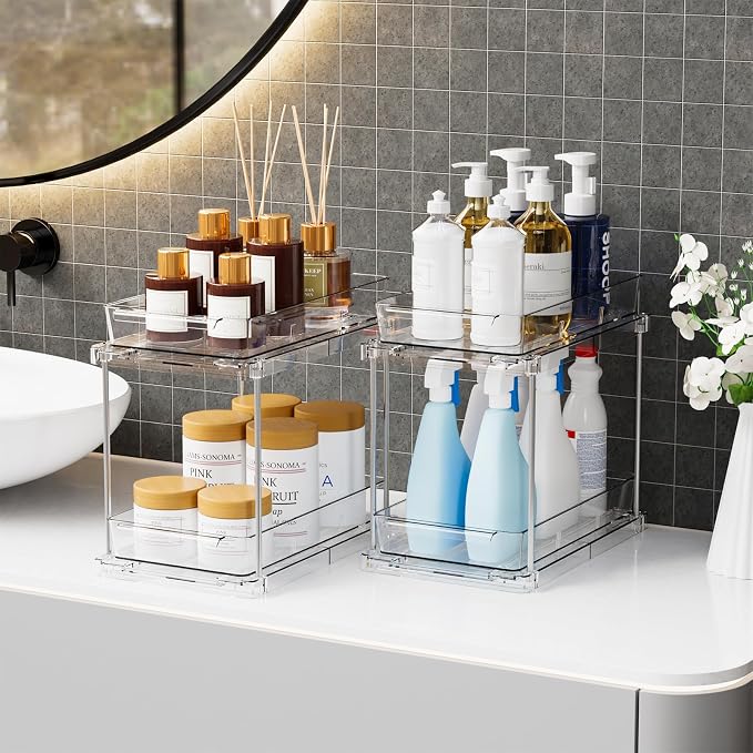 2 Pack 2 Tier Pull Out Drawers for Medicine Cabinet Organizer,Bathroom Under Cabinet Storage,12.1″ Deep Pantry and Medicine Shelf Organizer for Toiletry Product,Vitamin Bottle and Supplement