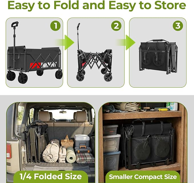 Black Small Collapsible Wagon Cart, Lightweight Portable Foldable Wagon with Wheels, 220lbs Utility Cart for Grocery, Light Camping, Sports, Easy to Fold & Store(Black)