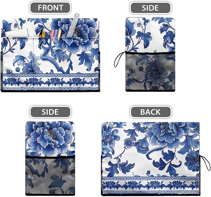 Blue White Floral Print Sewing Machine Cover with Storage Pockets,Dust & Pet Hair Protection,Fits Standard Singer, Brother and Janome Machines, Protecting & Decorating Your Sewing Space