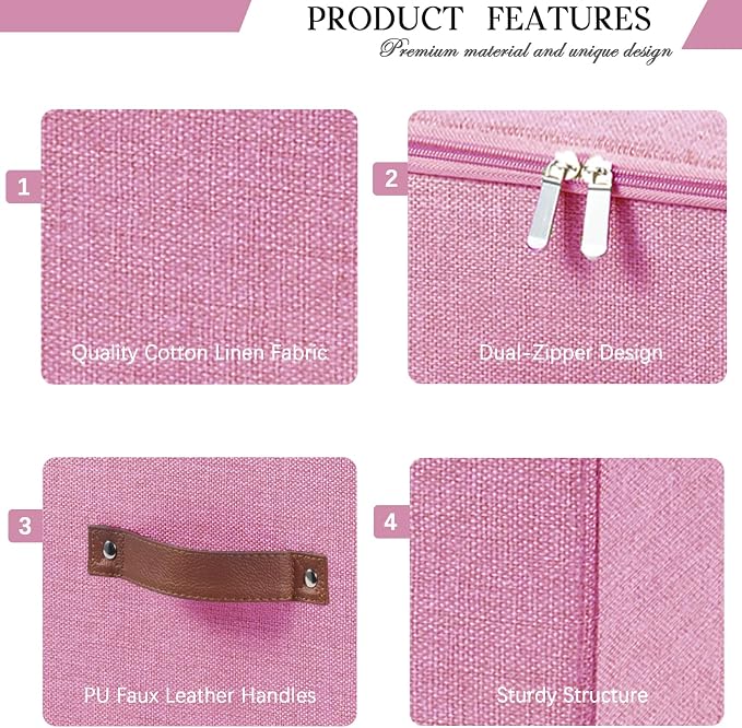 Storage Bins with Zipper Lid Decorative Lidded Storage Boxes | Collapsible Cotton Linen Fabric Storage Baskets, PU Leather Handle, Stackable Shelves Closet Organizer Container(Pink, Small)