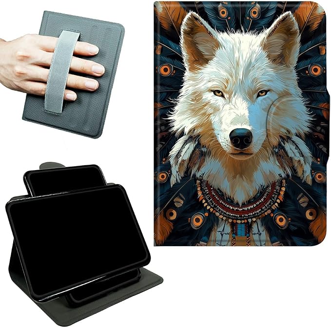 Rotating Handle Case for Samsung Galaxy Tab A8 10.5" 2022 (SM-X200/X205/X207), 360 Degree Swivel Kickstand with Magnetic Closure Shockproof Leather Cover for Women Men, Feathers White Wolf