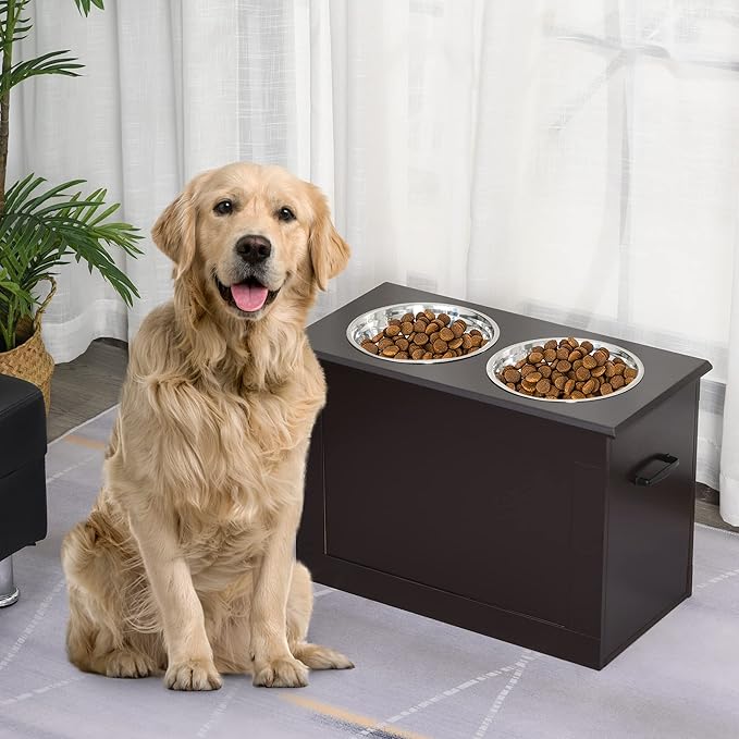 PawHut Raised Pet Feeding Storage Station for Large Dogs, Coffee | with2 Stainless Steel Bowls Base for Other Large Pets