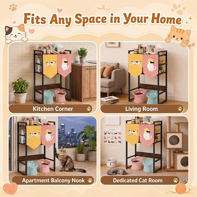 Cat Feeding Station with Storage, 3-Tier Cat Food Organizer Shelf, Elevated Feeding Area Fits Different Bowl Heights, Space Saving Pet Supply Rack with Decorative Flags(Not Include Bowls)