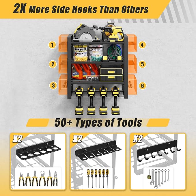 4-Tier Power Tool Organizer Wall Mount, 200LBS Capacity, 4 Drill Holders | 3-Tube Reinforced Design, Holds 50+ Tools, Cordless Tool Organizer, Rust Resistant, Quick Assembly, Garage Gift for Men