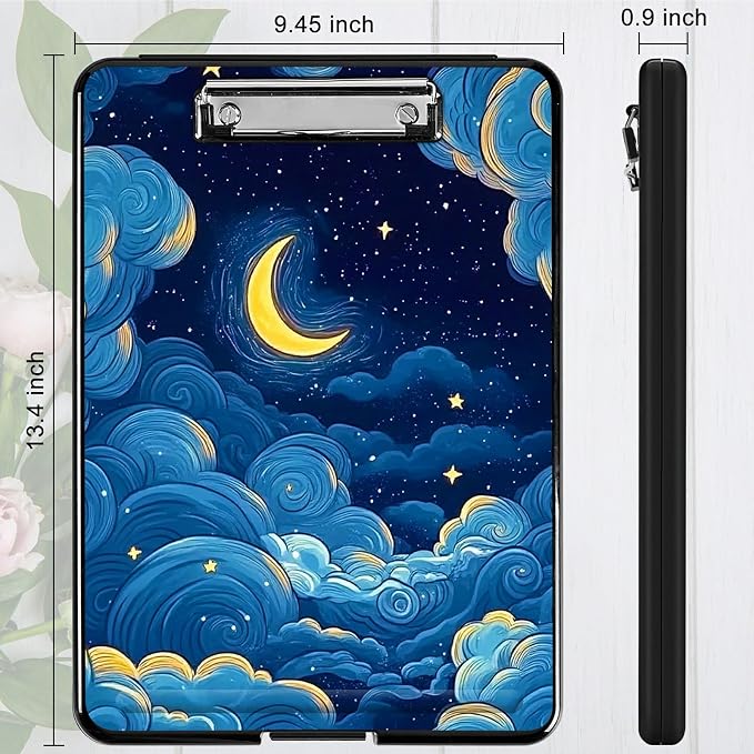 Moon Blue Clouds A4 Clipboard with Storage Pen Holder, Clipboards Organizer Nursing Clipboard Foldable File Folder Plastic Clipboard Folio Clip Board for Office Students Classroom Doctor