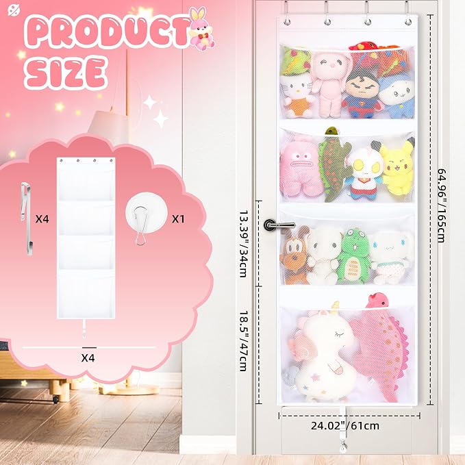 Over the Door Stuffed Animal Storage , 65" Hanging Mesh Toy Organizer with Support Rods & 4 Large Pockets, Extra Large Space-Saving Nursery Hammock for Plush Toys & Dolls with Meat Hook, White