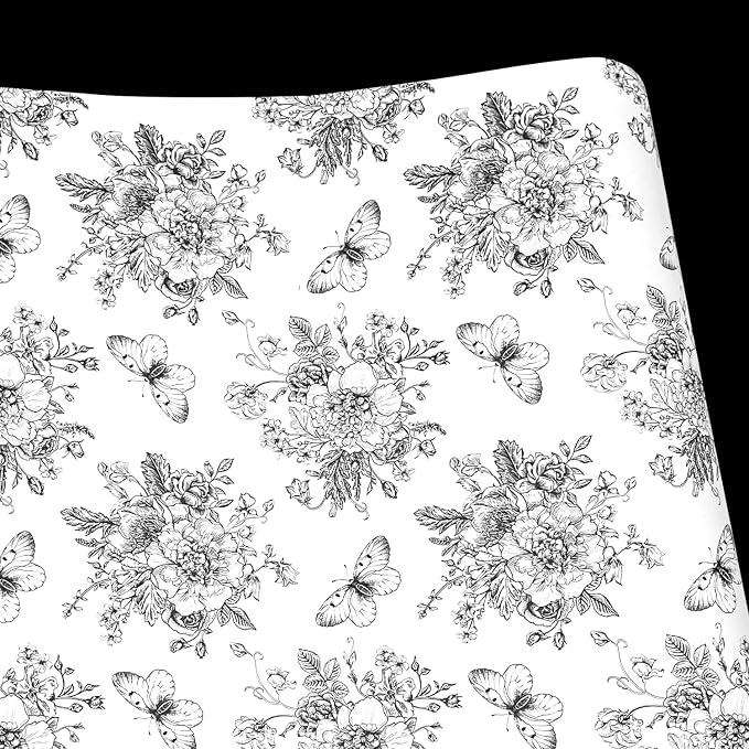 Easy Apply Shelf Liner Removable Furniture Paper Decorative Workspace Organizers Sofa Tables, Black-White Peony Butterfly, 17.7 Inch by 9.8 Feet