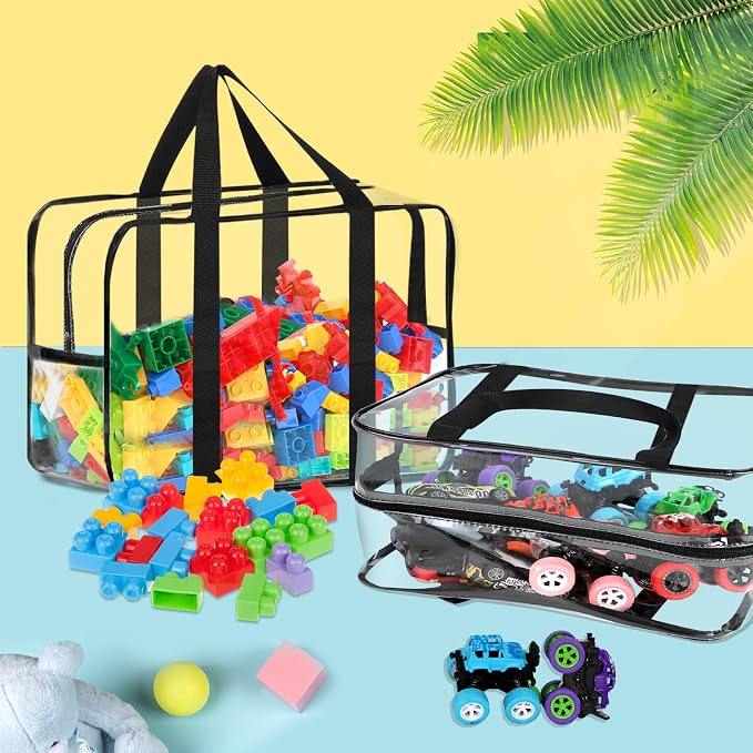 6 Packs XXL Toy Storage Bags 16.5×11.8×6.8In with Labels, Large Capacity Reusable Clear PVC Board Game Storage, Travel Waterproof Organizer Bags with Zipper