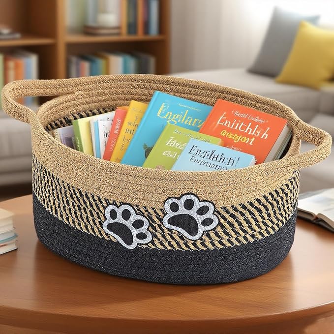 Small Woven Cotton Rope Nursery Organizer Bins, Dog Toy Basket Bins with Handle, Cute Empty Pet Gift Storage Baskets with Paw