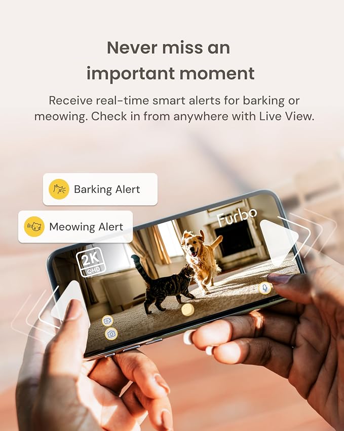 Furbo Mini 360° Pet Camera [No Monthly Fee] | Clear 2K QHD Video, 360° Rotating View, Barking/Meowing Alerts, 2-Way Audio, Color Night Vision, Pet Monitoring, No AI Alerts