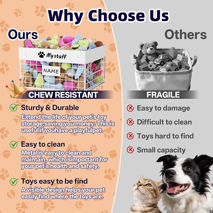 Kaiferty Indestructible X-Large Dog Toy basket, Chew-Proof Medium Toy Bin, Pet Toy Bin Dog Metal Basket for Toys, Puppy Toy Storage Organizer Blankets, Toy Box for Living Room Area (White)