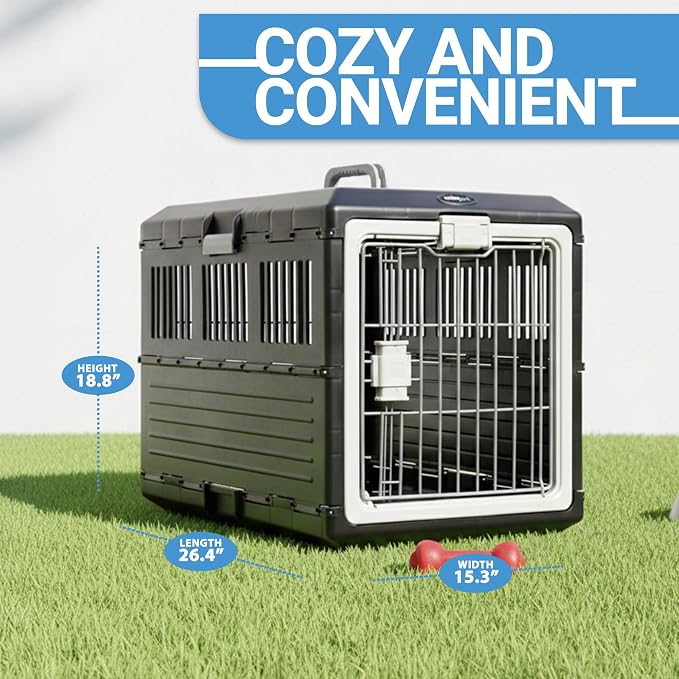 Pet Carrier with Pad, 26.4" Lx15.3 Wx18.8 H - Collapsible Travel Kit for Medium Cats & Dogs, Hard Plastic Wall Kennel for Indoor/Outdoor Use