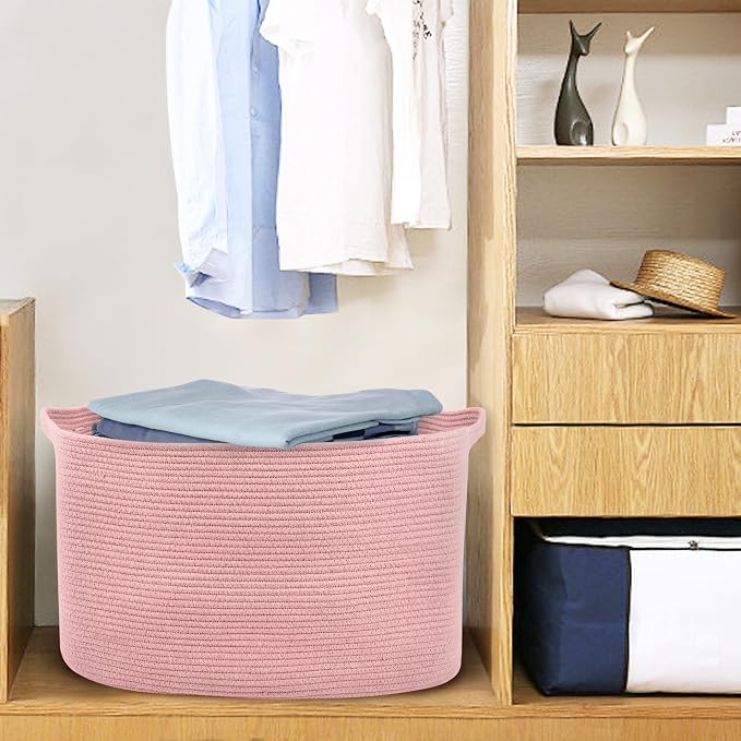 Extra Large Pink Storage Basket, 23.6" x 17" x 12" Rectangle Blanket Basket Living Room, Woven Cotton Rope Basket, Toy Basket Bins, Pink Baskets for Decor, Wicker Baby Laundry Basket