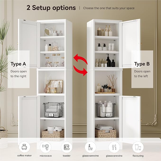 YAUWOH 2-Door Metal Storage Cabinet, Tall Slim Pantry Organizer with 3 Adjustable Shelves (120LBS/Shelf), Anti-Tipping Waterproof Cabinet for Bathroom/Kitchen/Home Office/Small Spaces, (1PC,White)