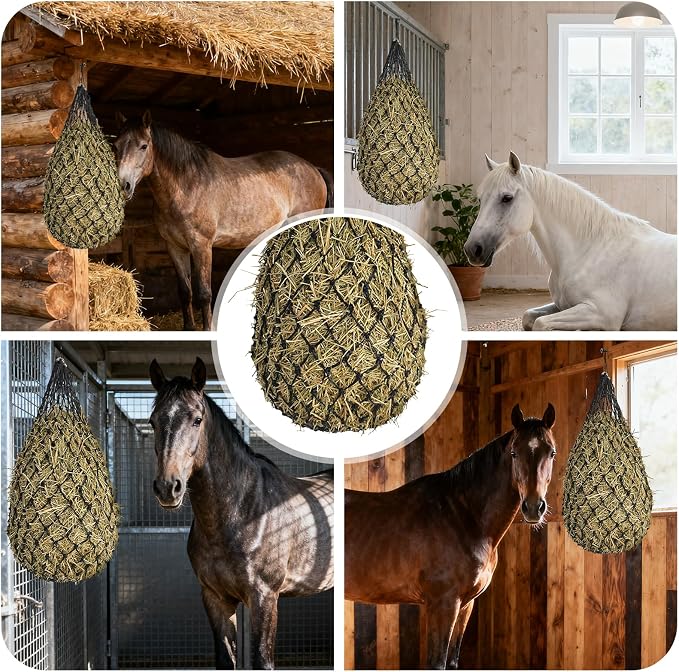 Hay Bags for Horses, 2 Pack Hay Nets for Horses Slow Feed, Goats, Livestock, 40" Large Opening Polyester Rope Hay Nets for Horses with Drawstring, Reduces Waste for Travel Pasture Stall Use