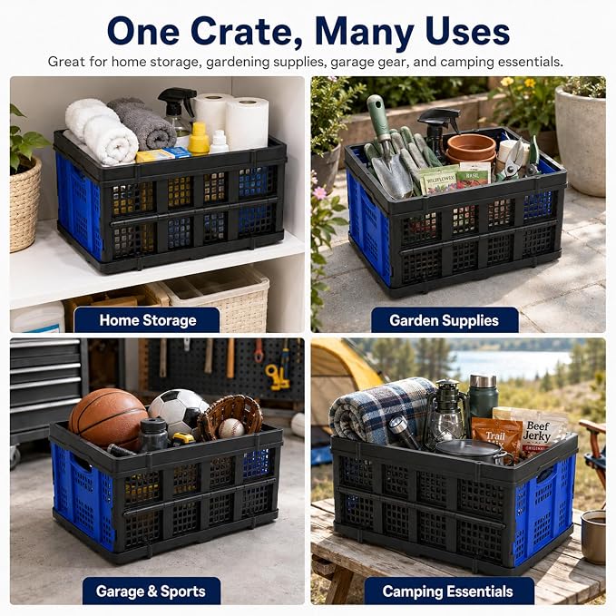 Collapsible Storage Crates 3 Pack, Stackable Foldable Storage Bins for Garage, Car Trunk, Warehouse & Home Organization, Heavy Duty Plastic Utility Crates, 49L, Blue