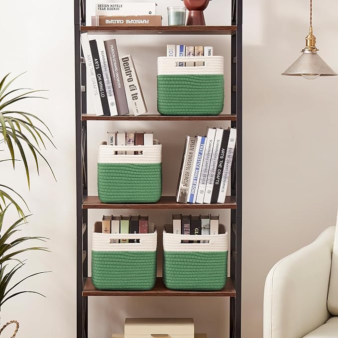 OIAHOMY 4 Pack Storage Basket, 13"x9"x7.8" Cotton Rope Baskets for Shelves, Closet Organizer for Bedroom & Living Room, Soft Decorative Bins for Organizing Towels, Books & Toys, Olive Green & White