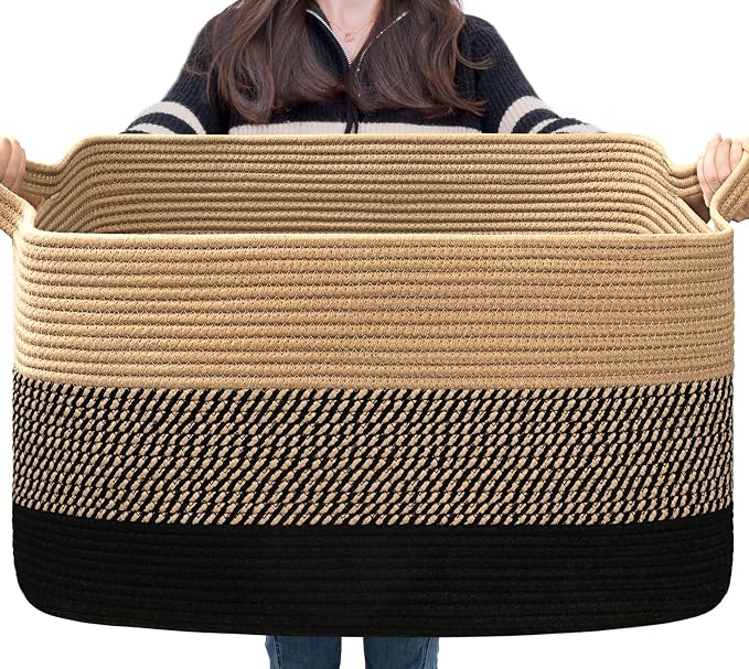 Goodpick Large Woven Blanket Basket, Rectangle, Black Jute, 75L | 21.6'' x 14.9'' x 11.8'' Wicker Storage Basket for Blankets & Toys, Living Room & Bedroom Organization, Reinforced Handles