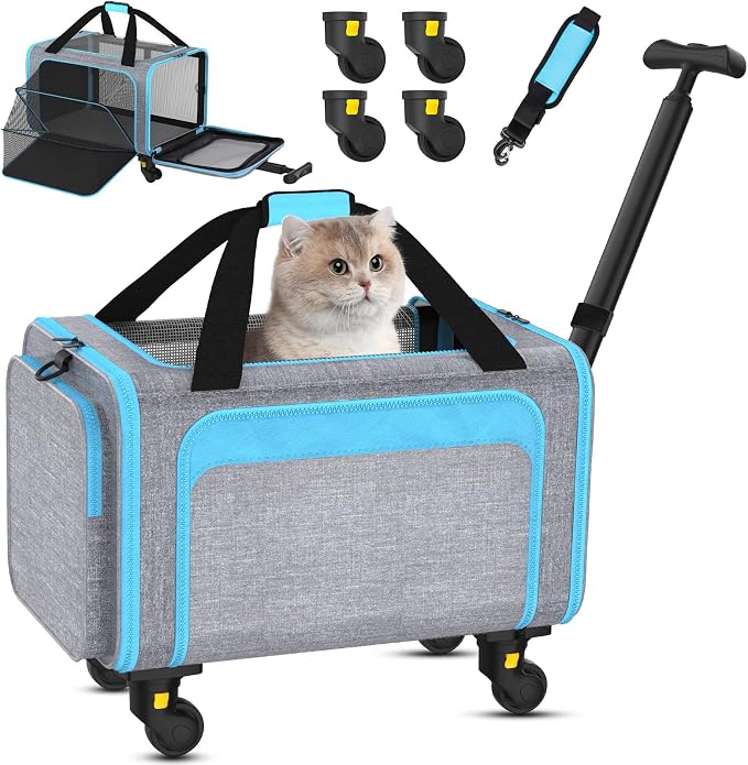 Airline Pet Carrier with Wheels, 18x11x11 for Cats & Toy Dogs | Soft-sided nylon under-seat bag, removable wheels, expandable mesh, cats & toy-breed dogs, measure pet before buying