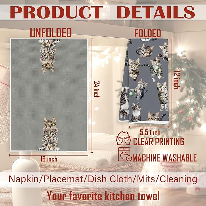 Tabby Cat Gifts Kitchen Towels, Cat Lover Gifts Dish Tea Towels, Cute Kitty Kitten Grey Brown Decorative Hand Towel for Bathroom, 16x24 Inch Set of 2