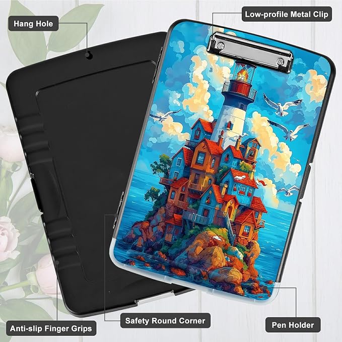 A4 Clipboard with Storage Pen Holder, Clipboards Organizer Nursing Clipboard Foldable File Folder Plastic Clipboard Folio Clip Board for Office Work Classroom Doctor, Blue Sky Castle