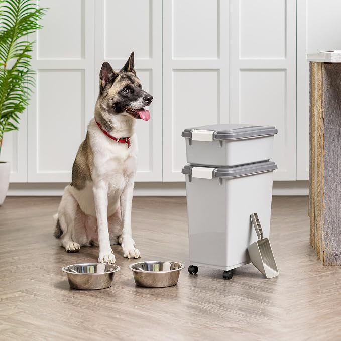 IRIS USA Dog Food Storage Container, Up to 30+11 lbs, Gray/Dark Gray | Made in the USA, Includes 2-Cup Scoop & Wheels, Airtight Seal, BPA-Free, Bird Seed, Cat food, Cat Litter, Treats, Toys