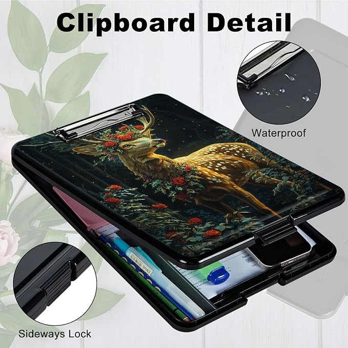 Heavy Duty Storage Clipboard, Slim Nursing Clipboard with Internal Pen Case, Portable File Organizer Case for A4 Letter Size Paper Office Medical Professionals, Rose Forest Deer