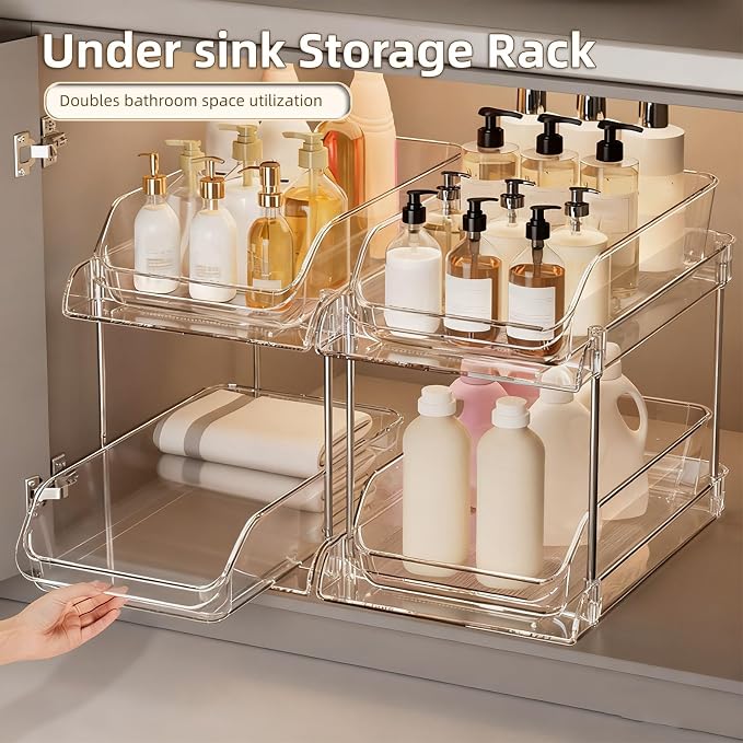 Under Sink Pull Out Organizer 2 Tier | Transparent Acrylic Shelves for Easy Viewing | Stackable Storage for Bathroom/Kitchen/Pantry | 2 Baskets, No Tools Needed
