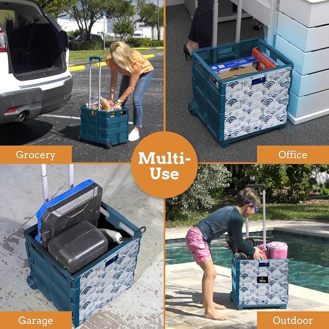 Inspired Living Ultra-Slim Rolling Collapsible Storage Pack-N-Roll Utility-carts, with Telescopic Handle, for Home, Garden, Shopping, Office, School use, Large, Blue, Wave Print
