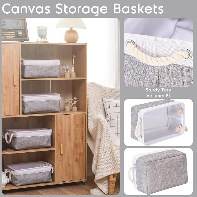 Sea Team Compact Rectangle Canvas Open-Top Storage Baskets, 3-Pack | Collapsible Fabric Storage Bins with Handles, Closet Shelf Organizers, 12 x 8 x 5 Inches, Gray & White