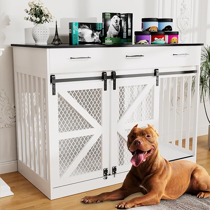 Spacesea Large Dog Crate Furniture with Sliding Barn Door, 48" Wooden Dog Kennel Indoor End Side Table for Home Decor, Removable Divider, 3 Drawers, Furniture Style Dog Crate TV Stand