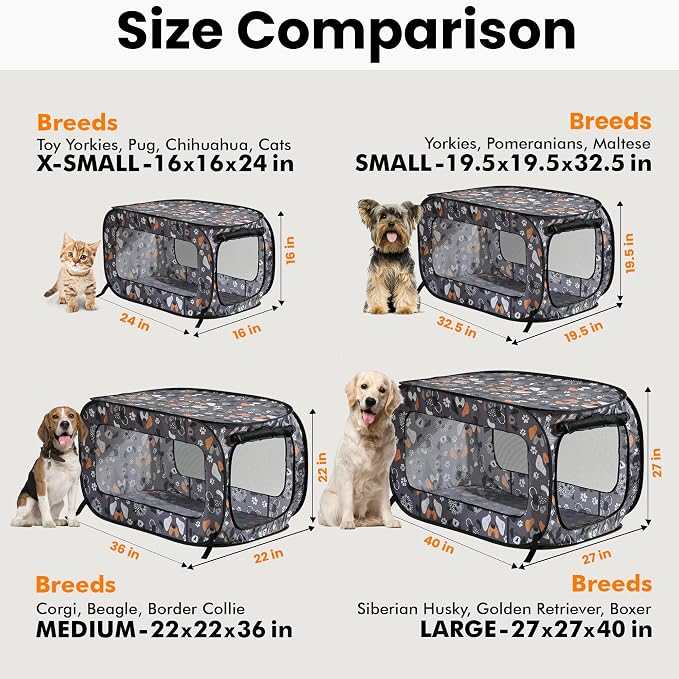 Portable Collapsible Pop Up Kennel, 24" L x 16.6" W x 16" H, Face of Love | Collapsible indoor/outdoor travel cat and dog crate with mesh screen windows pops up and folds flat for easy storage