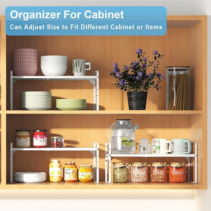15.5 to 25.5 Inch Kitchen Cabinet Shelf Organizers, Adjustable Kitchen Counter Shelf Organizer, Set of 3 Expandable Countertop Storage Shelves, Stackable Design, 30LBS Heavy Duty, Space Saver