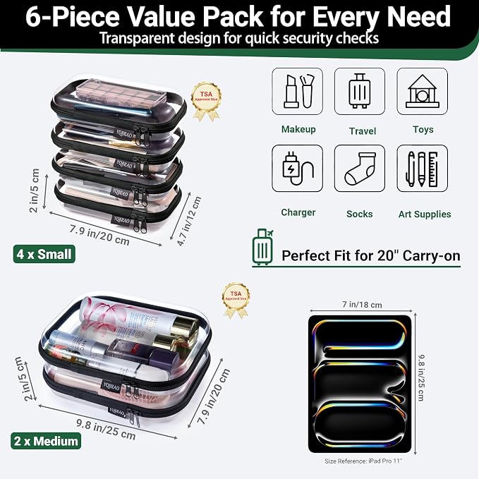YQBRAO Clear Hard Shell Zipper Cases, 6 Travel Organizers, 2M 4S, Black | Rigid clear shells in two practical sizes separate toiletries, skincare, cosmetics, chargers and frequently used accessories