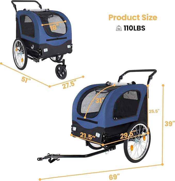 2-in-1 Bike Trailer & Pet Stroller for Dogs up to 110lbs– Foldable Pet Carrier Cart with Front Caster & 20'' Quick Release Air-Filled Wheels, Breathable Mesh and PVC Rain Cover, Dark Blue