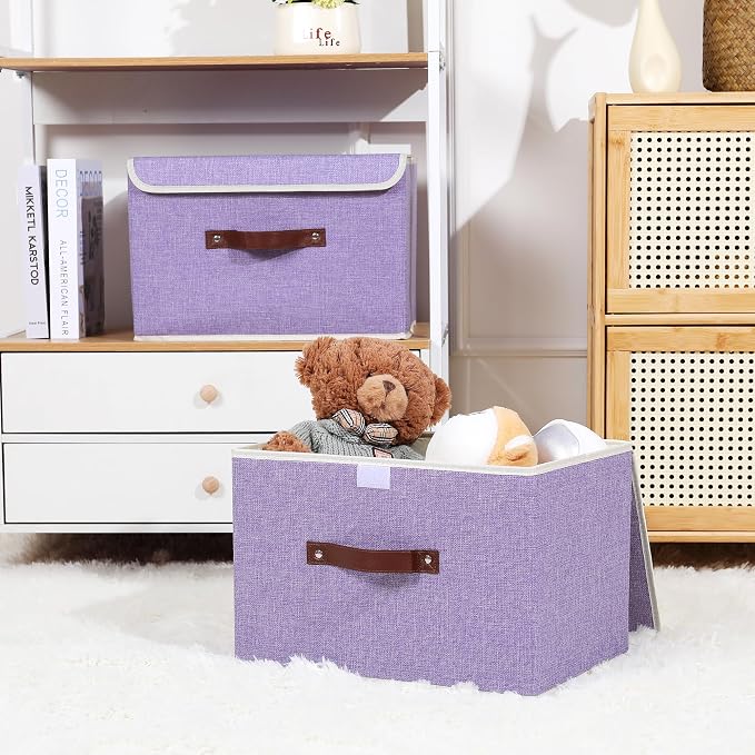 ANMINY Fabric Storage Box Bins with Lids, Purple, 15"x10"x10", 2 Pack | Keepsake Memory Storage, Cotton Linen, PP Board Reinforced, Washable, PU Handles, Foldable & Stackable, Decorative, Large