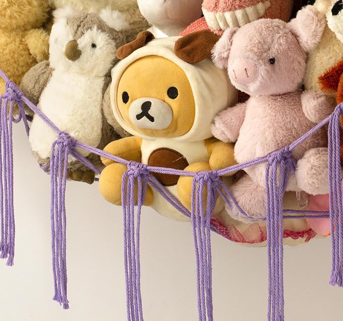 Stuffed Animal Storage Hammock or Net - Toy Hammock Net for Stuffed Animals Corner - Hanging Stuff Animal Organizer Holder Ideas for Plush Plushie - Purple Kids Baby Nursery Wall Bedroom Room Decor