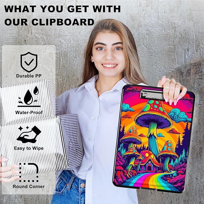 Rainbow Road Mushroom A4 Clipboard with Storage Pen Holder, Clipboards Organizer Nursing Clipboard Foldable File Folder Plastic Clipboard Folio Clip Board for Office Students Classroom