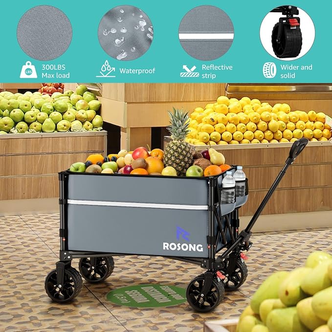 ROSONG Collapsible Wagon Cart with Wheels, Grey with Cover, 120L | Foldable, Folding Utility, Heavy Duty, For Grocery Sports Garden Shopping Camping