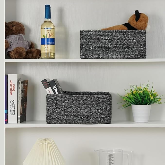 3 Pack Storage Baskets for Organizing, 13.7×9.5×6.3", Black | Woven Baskets for Shelves, Cotton Rope Basket for Gifts Empty, Closet Organizer Bins with Handles, Cube Decorative Box