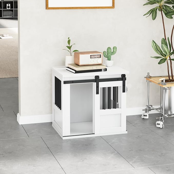 23" Wooden Dog Crate Furniture,Small Kennel Pet Cage End Table for Indoor | for Extra Small Dogs, White, Fits Living Room Bedroom, Heavy Duty Steel Frame,Sliding Barn Door,15 lbs Cap, 100 lbs Top.