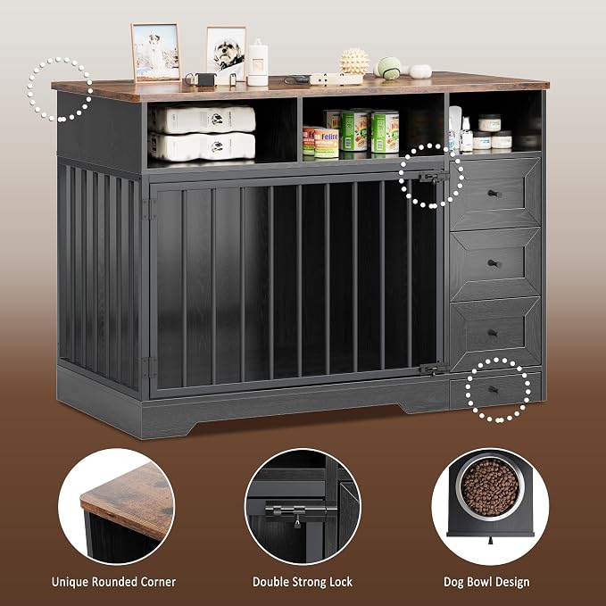 GarveeLife 48'' Dog Crate Furniture with Bowl, Medium Dog Cage, Black | Farmhouse Heavy Duty Dog Kennel with Storage Drawers, End Table for Small Medium Dogs