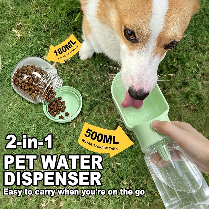 Green Large Portable Dog Water Bottle with Food Container | Travel Dog Water Bowl(500ml),Food Container(180ml),Leak-Proof,2-in-1 Pet Essential Outdoor Supplies for Walks Hikes Campsites