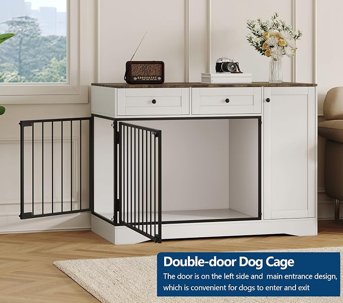 Garvee 47" Farmhouse White Dog Crate Furniture Modern Dog Kennel End Table | with Double Doors, 2 Drawers & Storage Cabinet End Table, TV Stand & Buffet Cabinet for Pet Small Medium Dogs