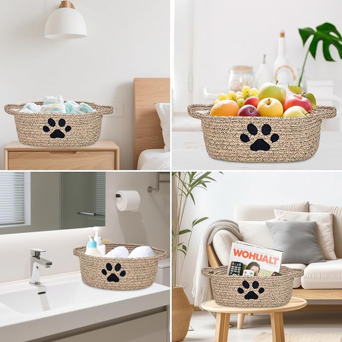 ABenkle Small Woven Basket with Handle, Cute Dog Paw Baskets for Gifts Empty, Decorative Rope Woven Storage Dog Toy Basket, Nursery Baskets for Baby Shower, 12" x 8" x 5"