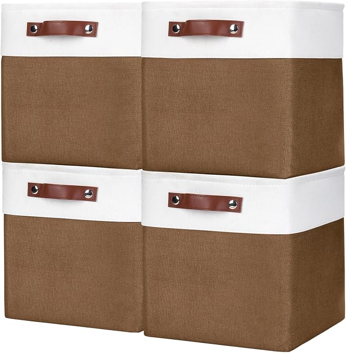 Bagnizer Collapsible Fabric Storage Cubes 11x11 Cube Storage Bins, 4 Pack Closet Baskets Box with Handles for Organizing, Shelf, Toys, Clothes, Home, Office, Nursery (Brown&White)