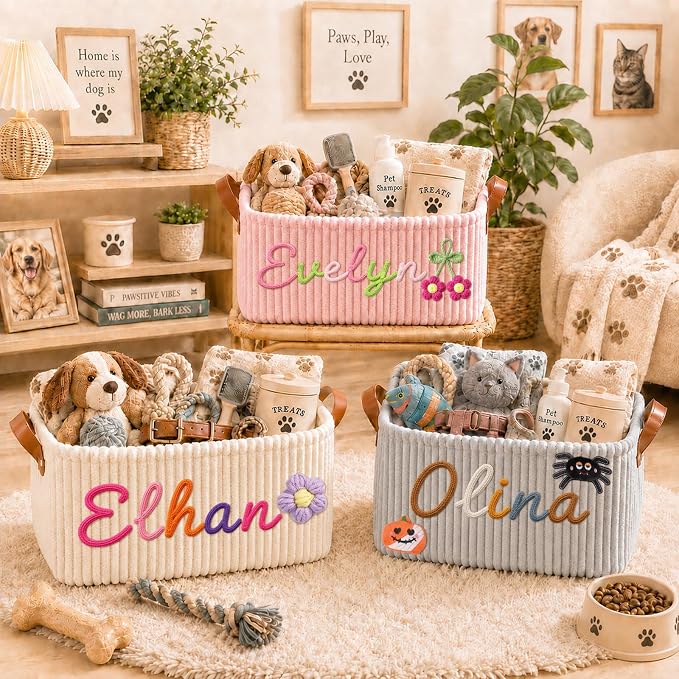 Personalized Pet Dog Cat Toy Storage Basket Bin with Embroidery Name & Icon | Custom Puppy Corduroy Storage Bins, Customized Dog Toy Box Organizer for Pet Supplies, Treats & Blankets, Pets Gifts Basket