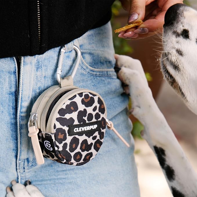 Cleverpup Snackpack Double Insulated Dog Treat Pouch – 1.5 Cup, 2 Pockets – Leopard