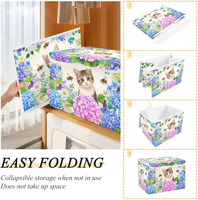 Fabric Storage Bins with Lid Cat Bloom Closet Storage Basket 40L | Decorative Storage Boxes, Foldable & Stackable, Dust-Proof Flip Top, Reinforced Handles, For Home & Dorm, Clothes & Toy Box